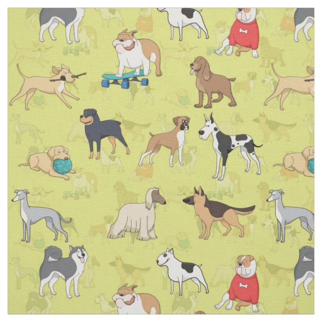 Cute Dogs Pattern Design Green Yellow Fabric (Swatch)