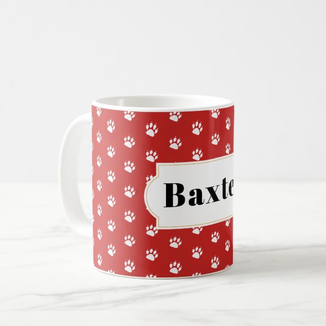 Cute Dogs Paw Print Pattern on Custom Colour Name Coffee Mug (Front Left)