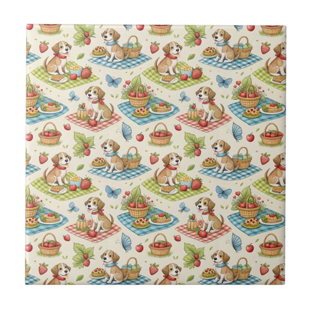 Cute Dogs Picnic Summer Art - Kids Cartoon Pattern Tile (Front)