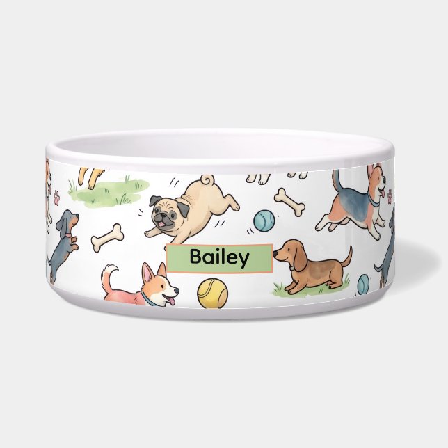 Cute Dogs Playing Everywhere Dog Feeding Bowl (Front)