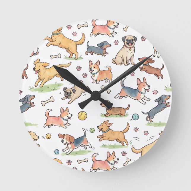 Cute Dogs Playing Everywhere Round Clock (Front)