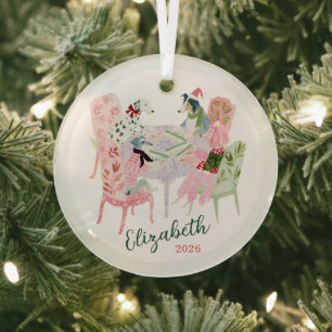 Cute Dogs Playing Mahjong at Christmas Glass Tree Decoration
