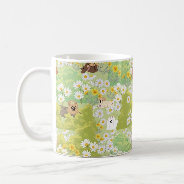 Cute Dogs With Daisy Flowers Seamless Pattern Coffee Mug (Left)