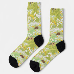 Cute Dogs With Daisy Flowers Seamless Pattern Socks