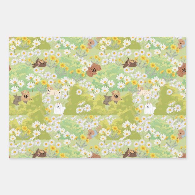Cute Dogs With Daisy Flowers Seamless Pattern Wrapping Paper Sheet (Front)