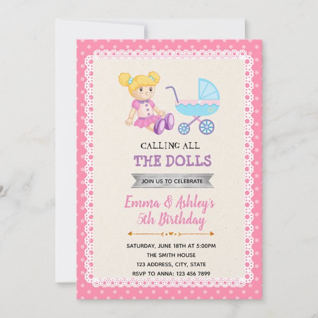 Cute doll party birthday invitation (Front)