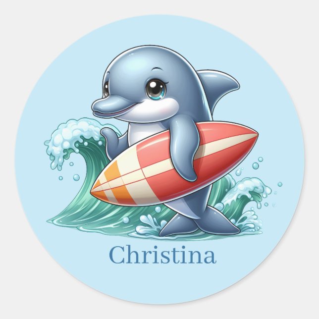 Cute dolphin add name surfing  classic round sticker (Front)