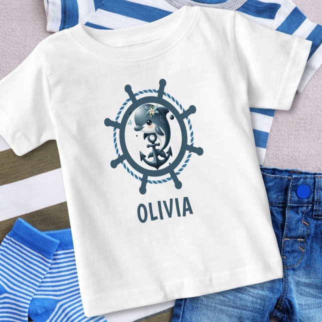 Cute Dolphin & Anchor inside Ship Wheel Nautical Baby T-Shirt (Creator Uploaded)