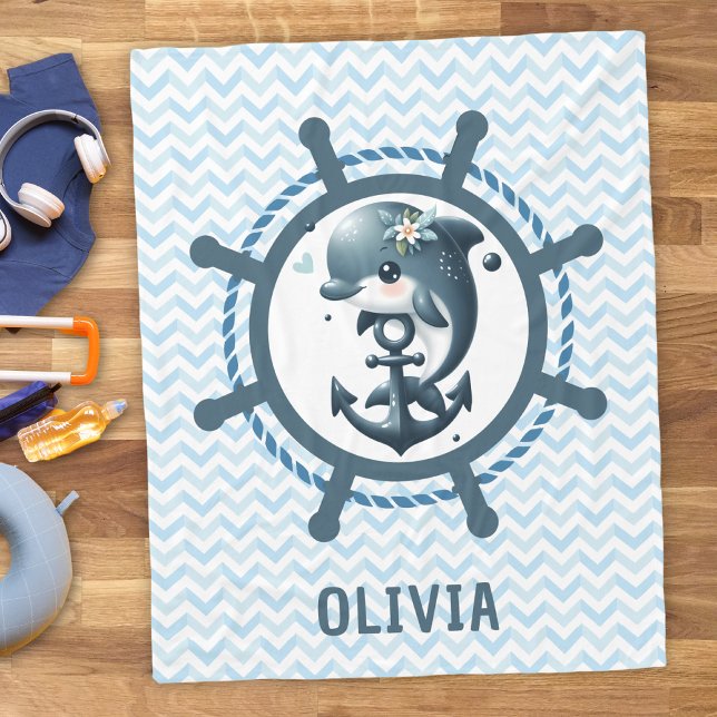 Cute Dolphin & Anchor inside Ship Wheel Nautical Fleece Blanket (Creator Uploaded)