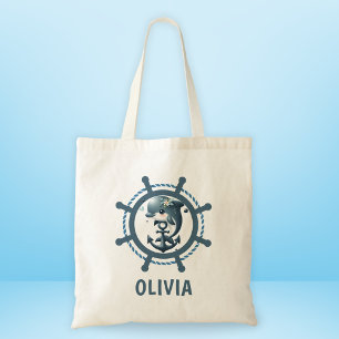 Cute Dolphin & Anchor inside Ship Wheel Nautical Tote Bag