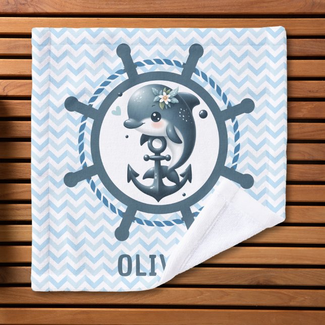 Cute Dolphin & Anchor inside Ship Wheel Nautical Wash Cloth (Creator Uploaded)
