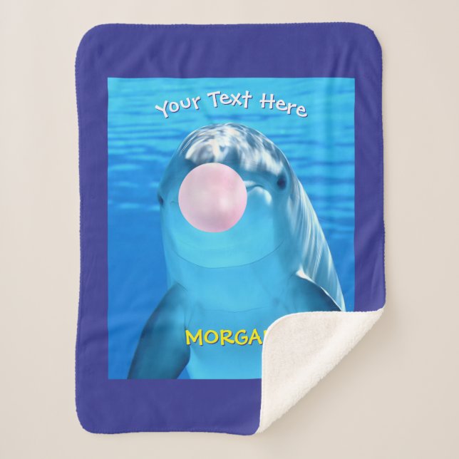 Cute Dolphin, Bubble Gum Bubble, Name/Message Blue Sherpa Blanket (Front)