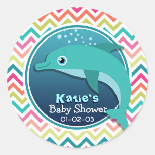 Cute Dolphin; Colourful Chevron Baby Shower Classic Round Sticker