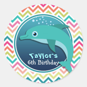 Cute Dolphin; Colourful Chevron Kid's Birthday Classic Round Sticker
