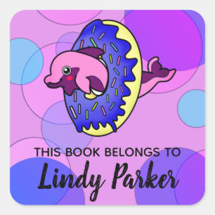 Cute Dolphin Doughnut in Pastel Colours Bookplate Square Sticker