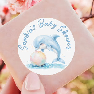 Cute Dolphin Dusty Blue Baby Shower Favour Classic Round Sticker