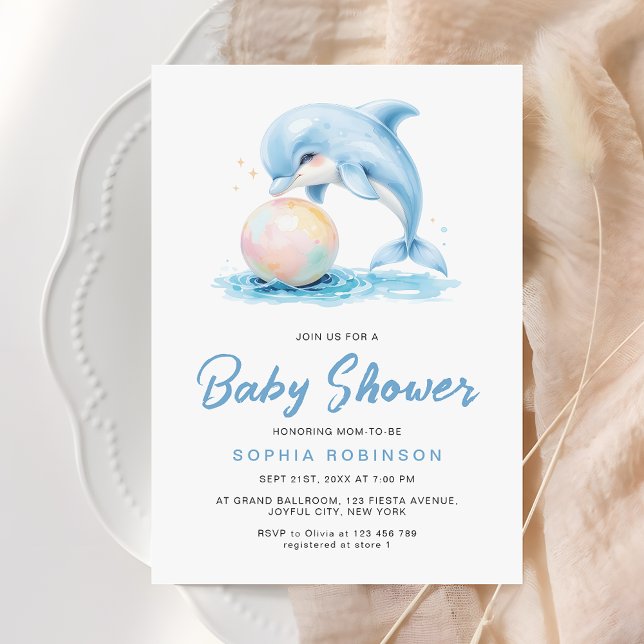 Cute Dolphin Dusty Blue Playful Baby Shower Invitation (Creator Uploaded)