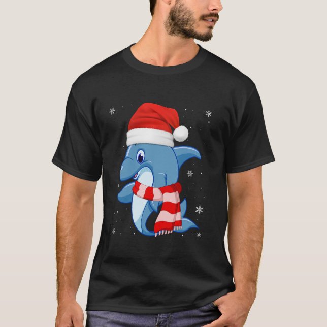 Cute Dolphin Lover Xmas Holiday Santa Hat Dolphin  T-Shirt (Front)