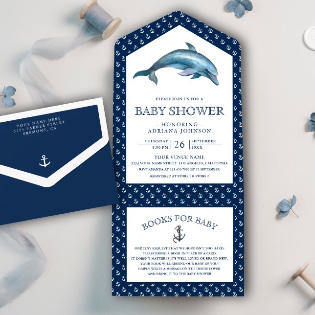 Cute Dolphin Nautical Navy Blue Baby Shower All In One Invitation (Creator Uploaded)