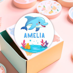 Cute Dolphin Sea Animals Name Classic Round Sticker