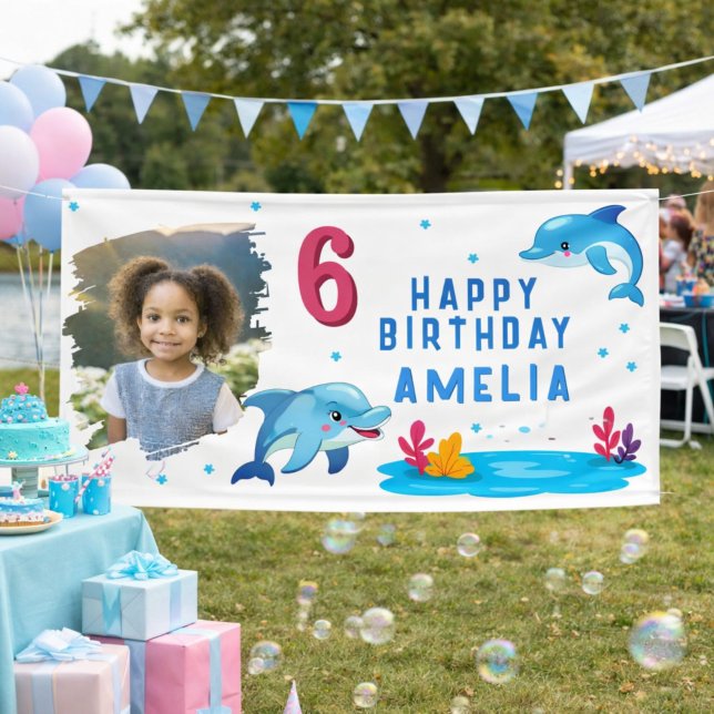 Cute Dolphin Sea Animals Photo Birthday Party Banner (Creator Uploaded)