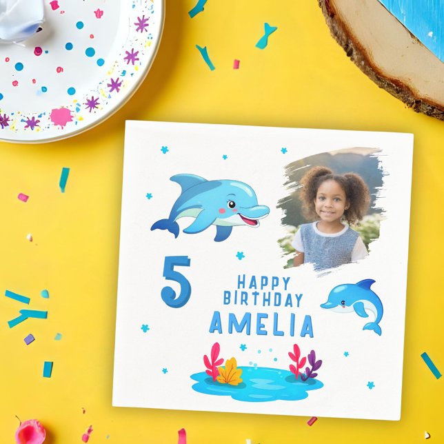 Cute Dolphin Sea Animals Photo Birthday Party Napkin (Creator Uploaded)