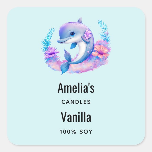Cute Dolphin Sea Creature Candle Business Square Sticker (Front)