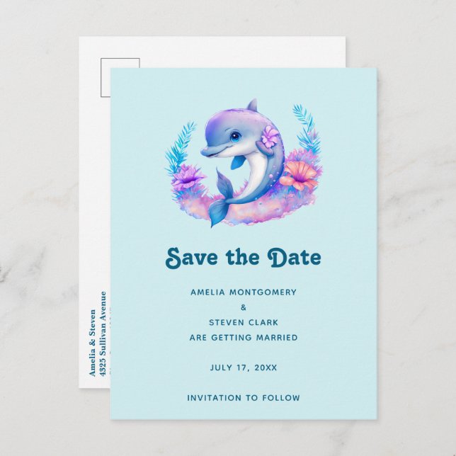 Cute Dolphin Sea Creature Wedding Announcement Postcard (Front/Back)