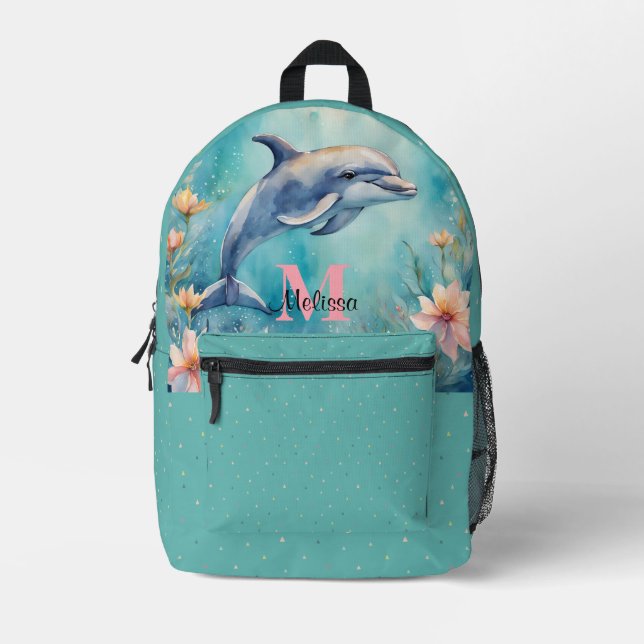 Cute Dolphin Under the Sea Ocean Marine Monogram  Printed Backpack (Front)
