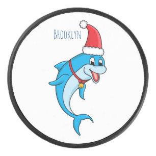Cute dolphin with Santa hat cartoon Hockey Puck