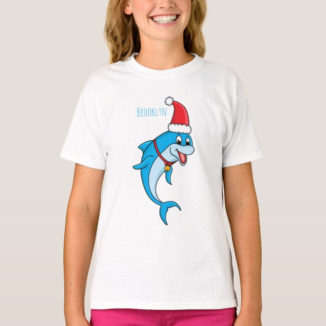 Cute dolphin with Santa hat cartoon T-Shirt (Front)