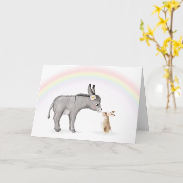 Cute donkey and rabbit Easter card (Yellow Flower)