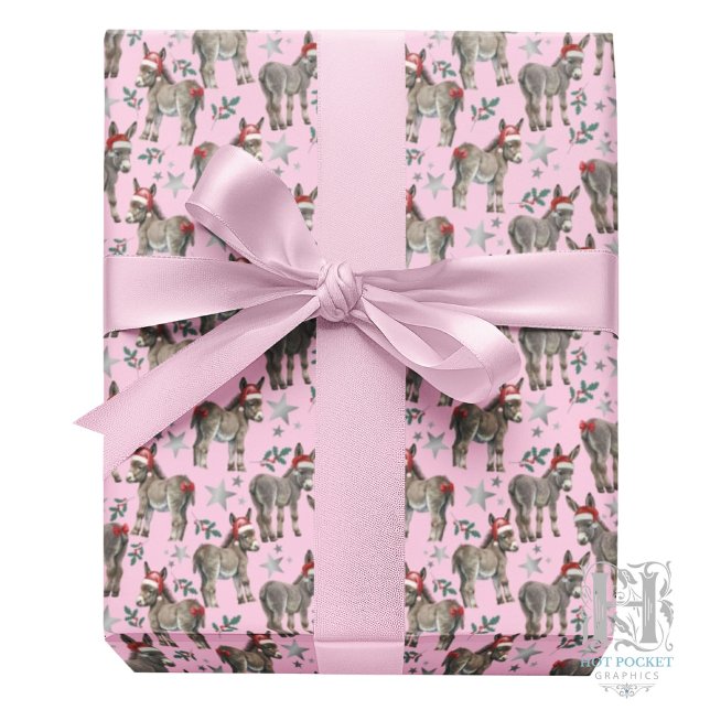 Cute Donkey Christmas Wrapping Paper in Pink (Creator Uploaded)