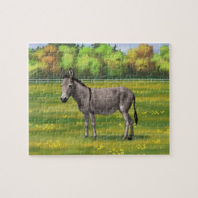 Cute Donkey Grey Burro In Pasture Jigsaw Puzzle (Horizontal)