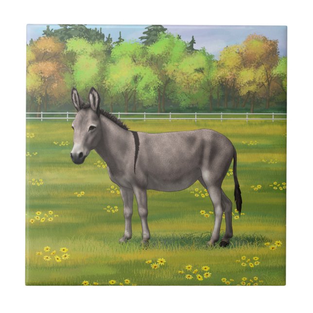 Cute Donkey Grey Burro In Pasture Tile (Front)