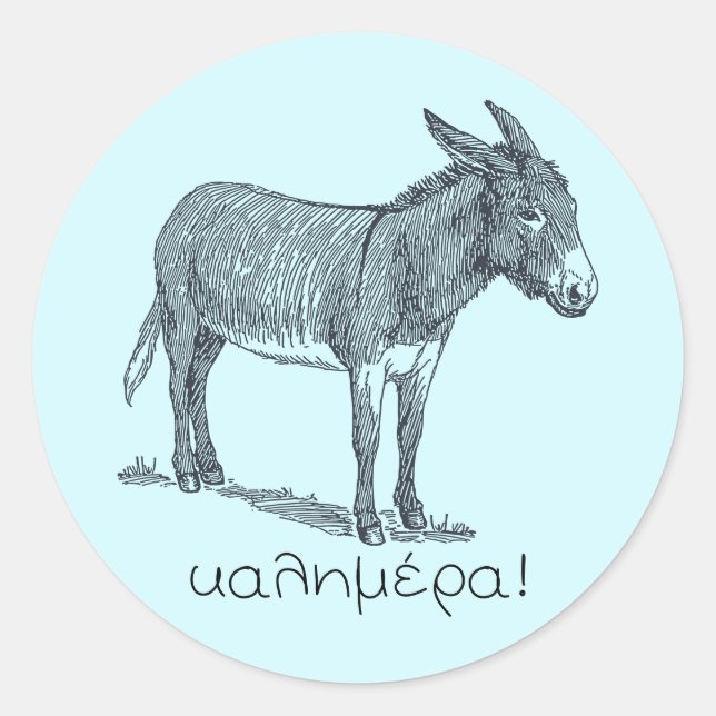 Cute Donkey & 'Kalimera' (good morning) in Greek C Classic Round Sticker (Front)