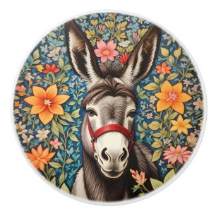Cute Donkey On Colourful Floral Background Ceramic Knob