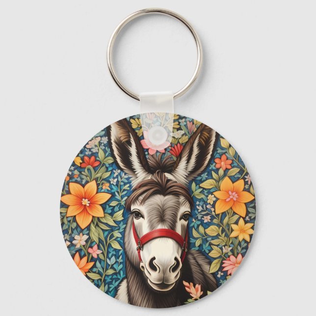 Cute Donkey On Colourful Floral Background Key Ring (Front)