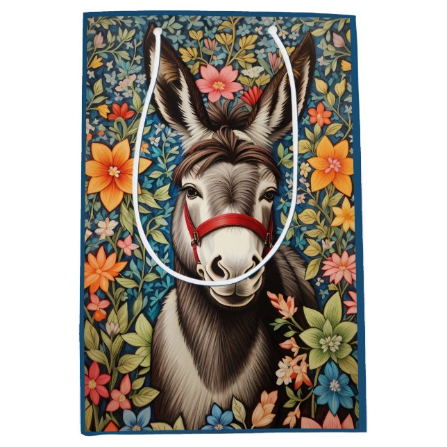 Cute Donkey On Colourful Floral Background Medium Gift Bag (Front)