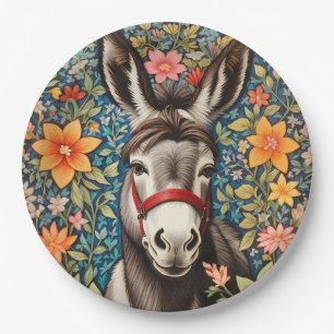 Cute Donkey On Colourful Floral Background Paper Plate