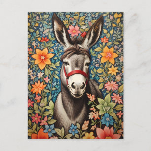 Cute Donkey On Colourful Floral Background Postcard