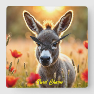 Cute donkey red poppies adorable animal art square wall clock