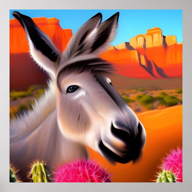  Cute Donkey with flowering cactus   Poster (Front)