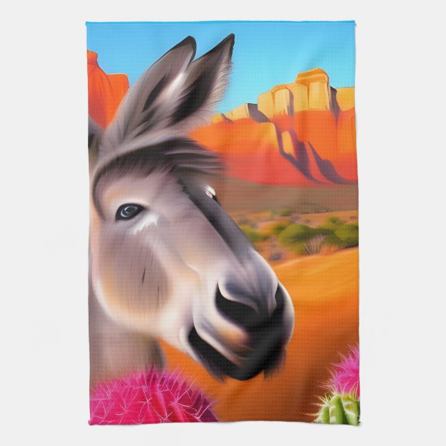  Cute Donkey with flowering cactus  Tea Towel (Vertical)
