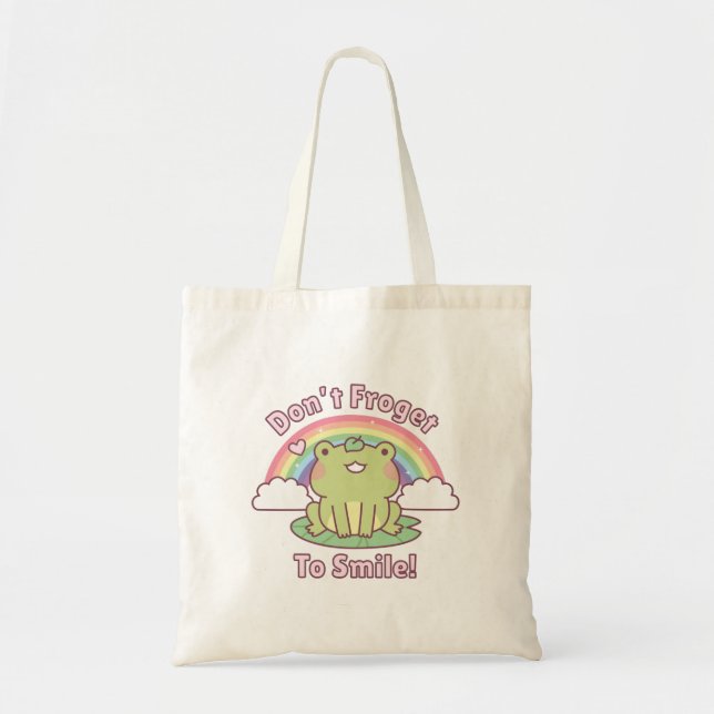 Cute Dont Froget to Smile Frog Good Vibes Pun Tote Bag (Front)