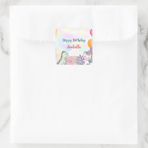 Cute Donuts Dino Unicorn Birthday Rainbow Party  Square Sticker