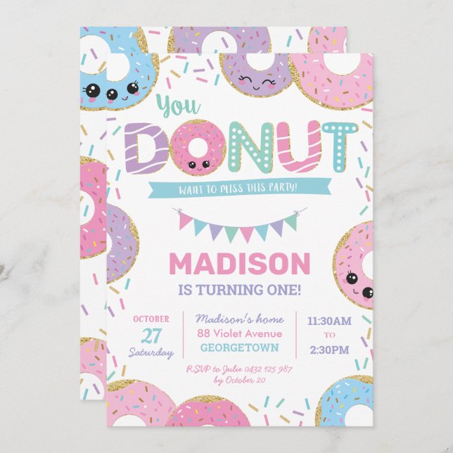 Cute Donuts Donut Sprinkles Birthday Party Invitation (Front/Back)