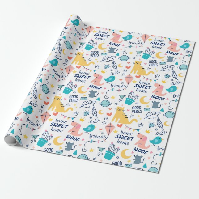 Cute Doodle Animals Wrapping Paper (Unrolled)