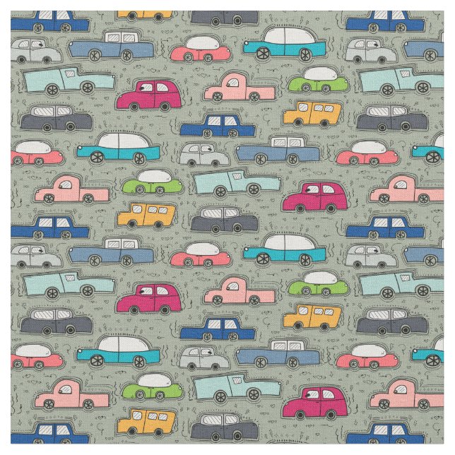 Cute Doodle Car Automobile Pattern Fabric (Close Up)