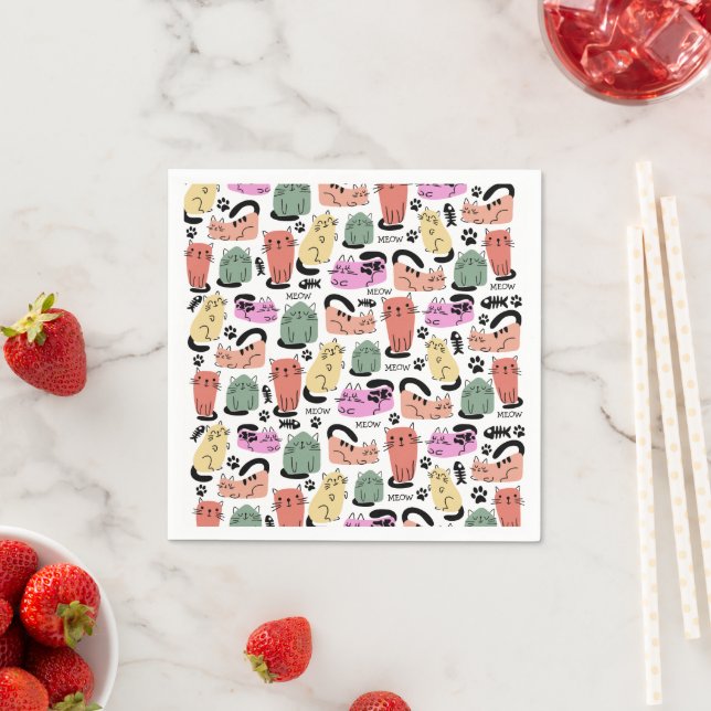 Cute Doodle Cats And Paw Prints Napkin (Insitu)